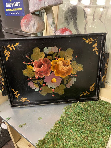 Vintage wood tole floral painted tray as is