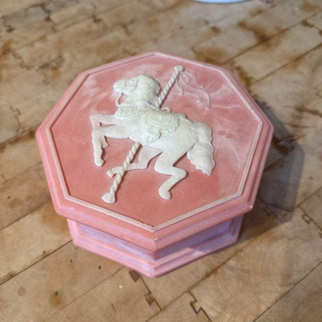 1974 Design Gifts International Pink Soapstone Trinket Box carousel horse, Robert Nemith