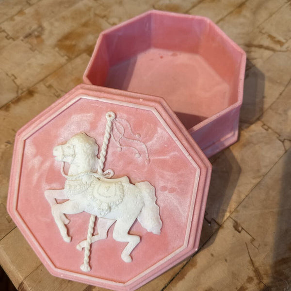 1974 Design Gifts International Pink Soapstone Trinket Box carousel horse, Robert Nemith