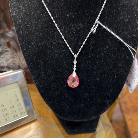 14K white gold necklace with pink crystal and diamond pendant