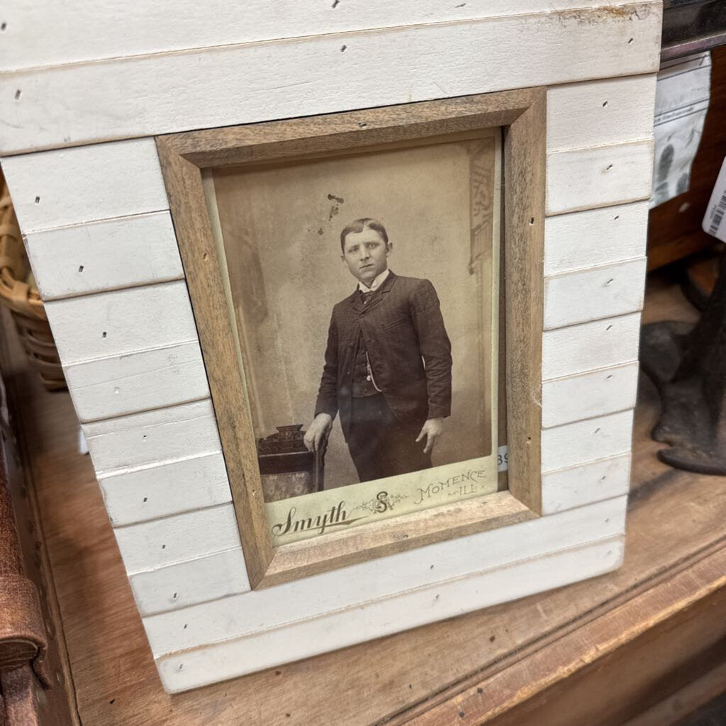 1880's portrait of man in 3-piece suit with pocket chain in white wood slatted rustic frame