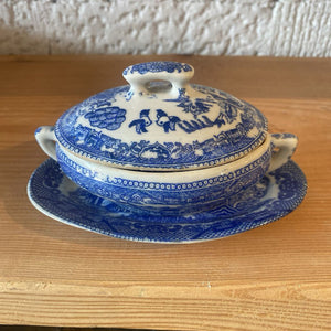 Vintage Flow Blue Child's Platter and Tureen 6" x 4"