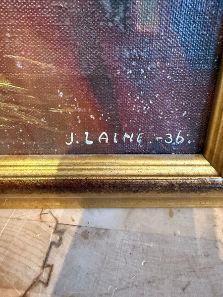 Vintage signed oil painting, nude women bathing, 1936