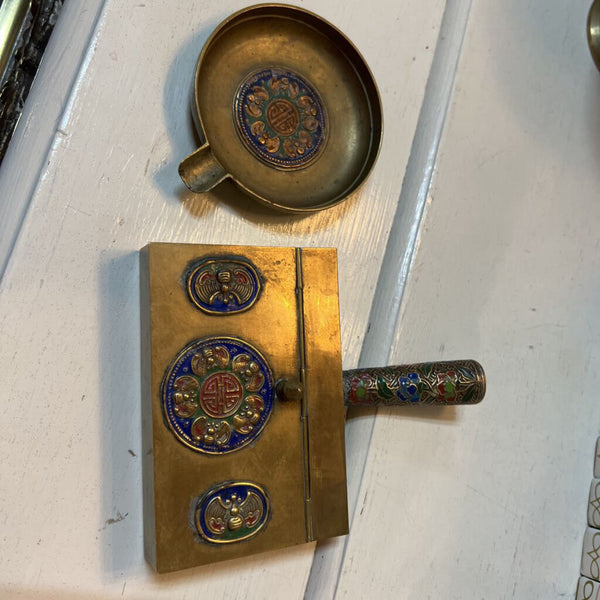 Vintage Brass Cloisonne Ashtray And cigarette holder