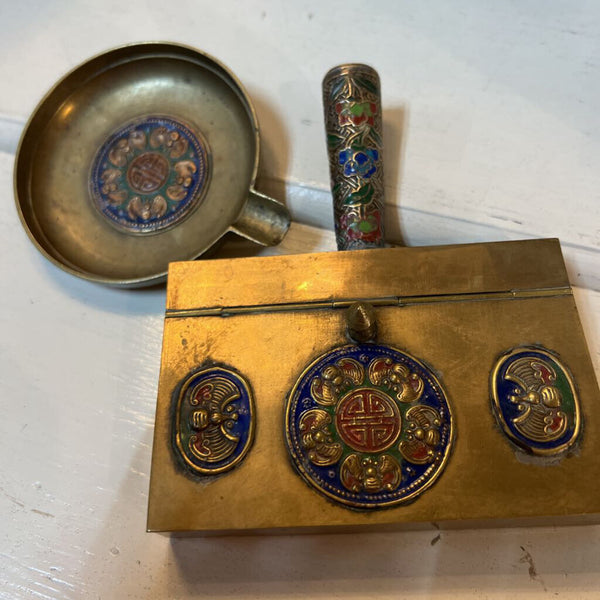 Vintage Brass Cloisonne Ashtray And cigarette holder