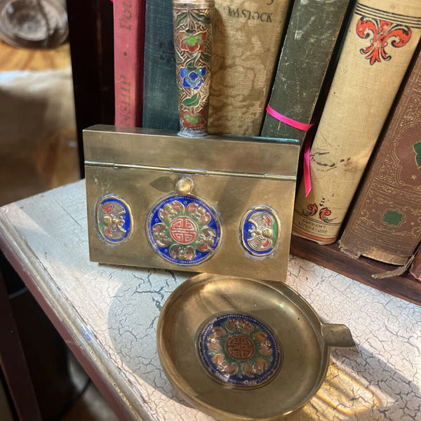 Vintage Brass Cloisonne Ashtray And cigarette holder