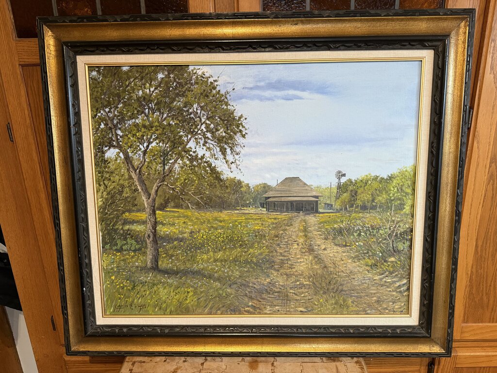 Charles N. Pruitt (American 1941-) Spring Landscape with Cabin oil on canvas signed lower left dated 73