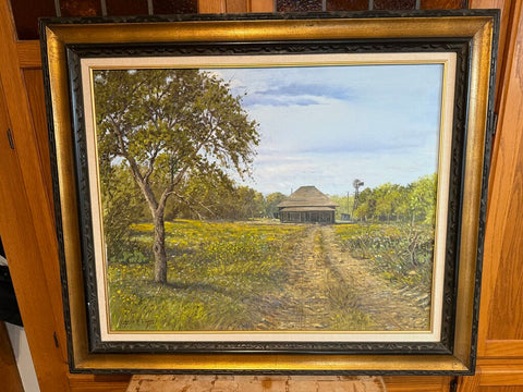 Charles N. Pruitt (American 1941-) Spring Landscape with Cabin oil on canvas signed lower left dated 73