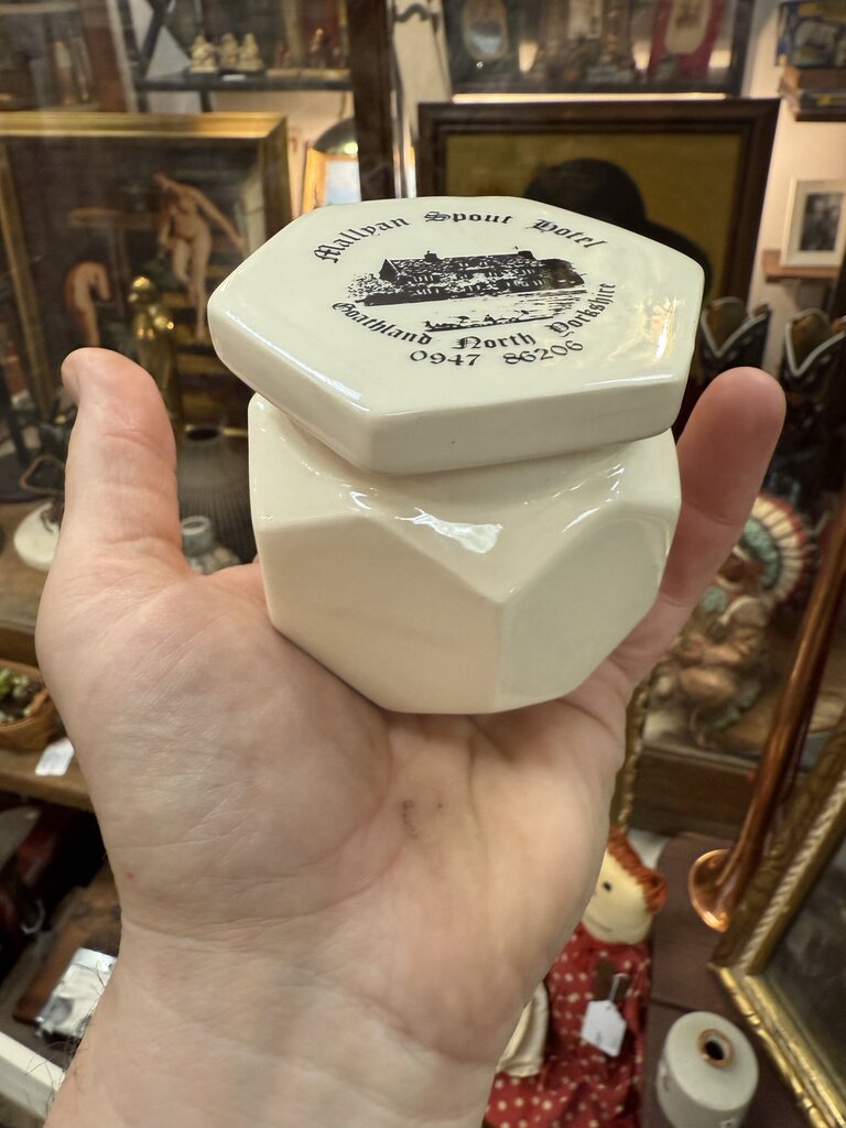 Vintage hexagonal ceramic jar with lid, Mallyan Spout Hotel