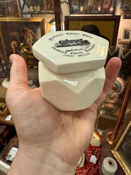 Vintage hexagonal ceramic jar with lid, Mallyan Spout Hotel