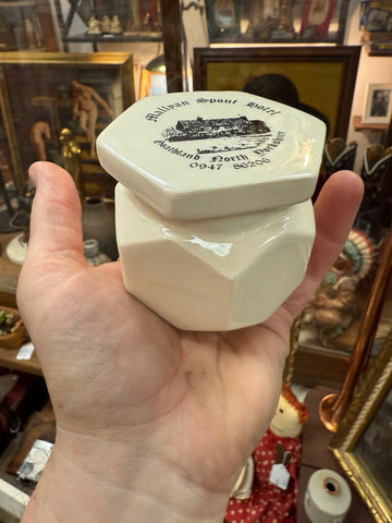 Vintage hexagonal ceramic jar with lid, Mallyan Spout Hotel