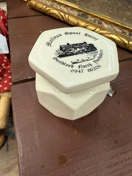 Vintage hexagonal ceramic jar with lid, Mallyan Spout Hotel