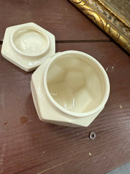 Vintage hexagonal ceramic jar with lid, Mallyan Spout Hotel