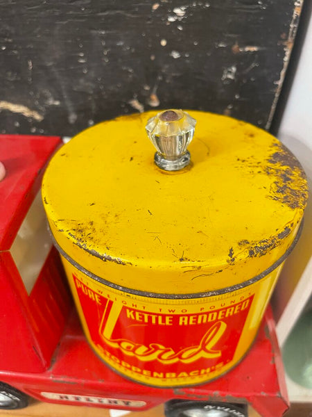 Jens Fresh Vintage ~ Vintage lard tin with glass knob .