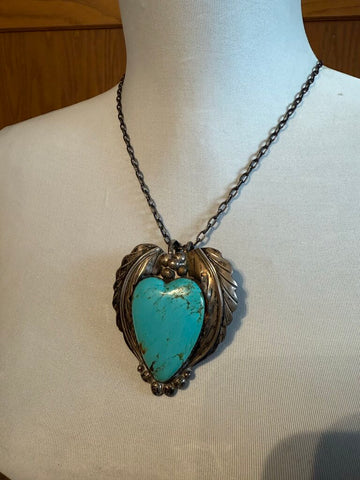 Vintage Navajo sterling and turquoise heart pendant, signed "E" for Randall Endito