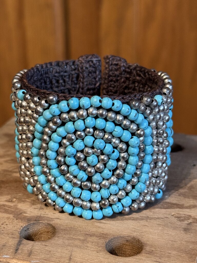 Vintage stitched turquoise and silver bead bracelet