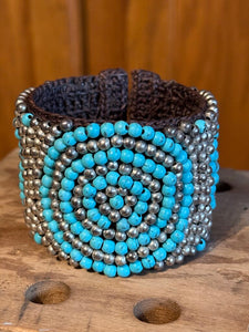 Vintage stitched turquoise and silver bead bracelet