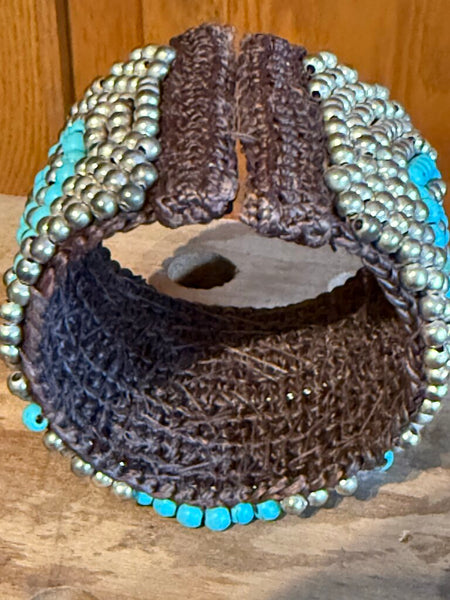 Vintage stitched turquoise and silver bead bracelet