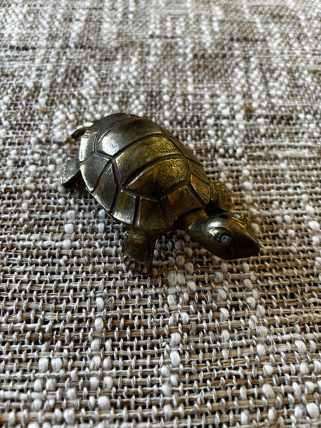 Vintage Rhinestoned Eyed Brass Turtle w/ Clip