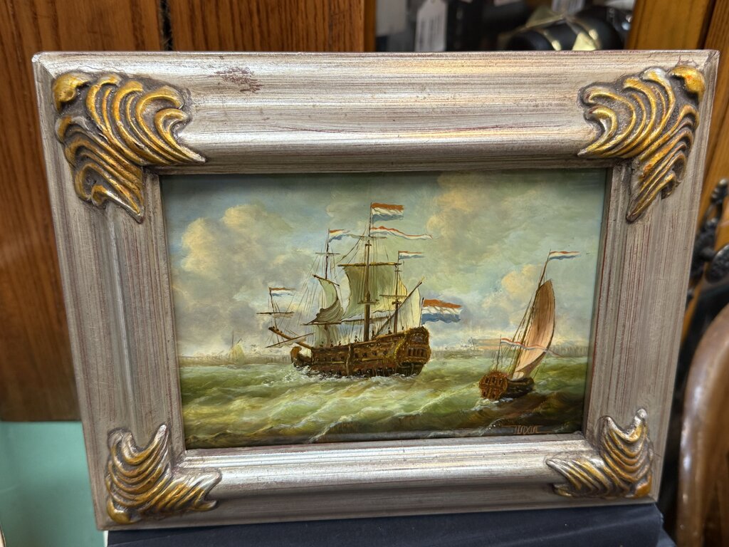 Vintage small oil on wood, 1800's ships