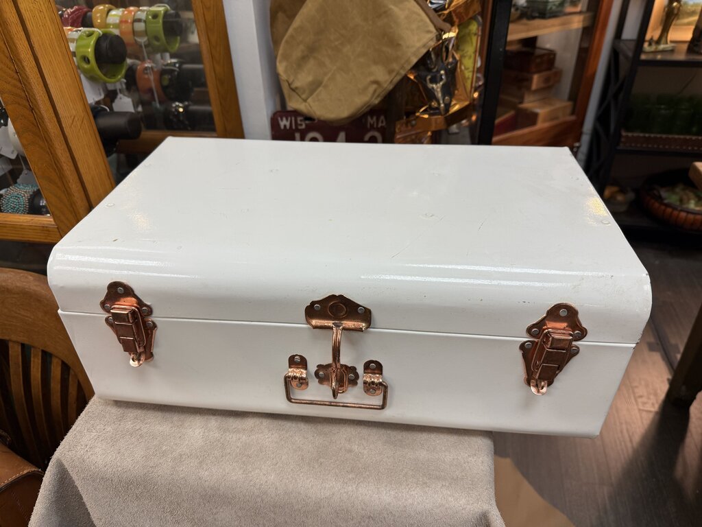 White steel trunk with copper hardware