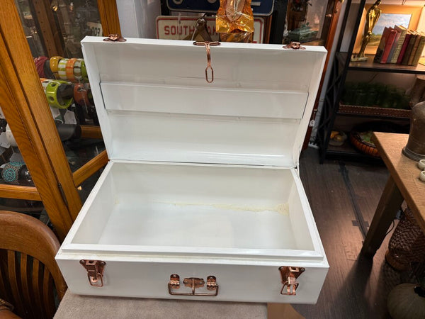White steel trunk with copper hardware