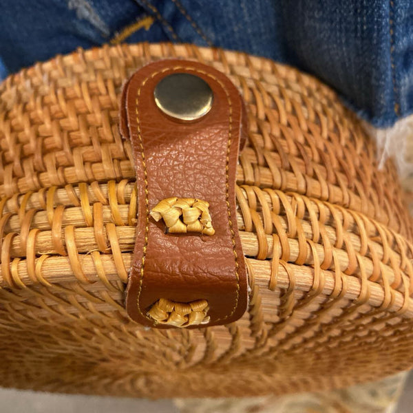 Hand Woven Rattan Crossbody Purse 8" dia x 3.5"d