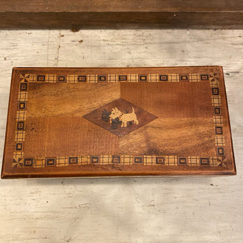 Vintage Inlaid Scottie Dog Wood Box 7.5"w x 4"h x 3"d