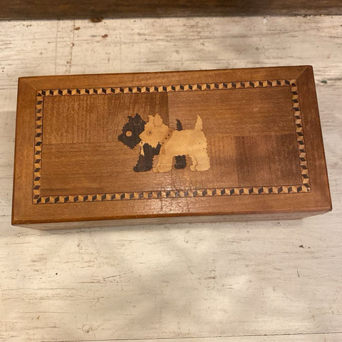 Vintage Inlaid Scottie Dog Trinket Box 7"w x 3.75"d x 2"h