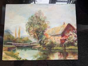 Cottage Painting on Board with Bridge 11" x 14" W1814
