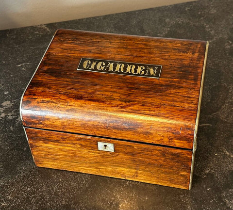 ANTIQUE WOODEN CIGAR BOX WITH LOCK (NO KEY), GERMANY. 7 1/2" x 6" x 4"