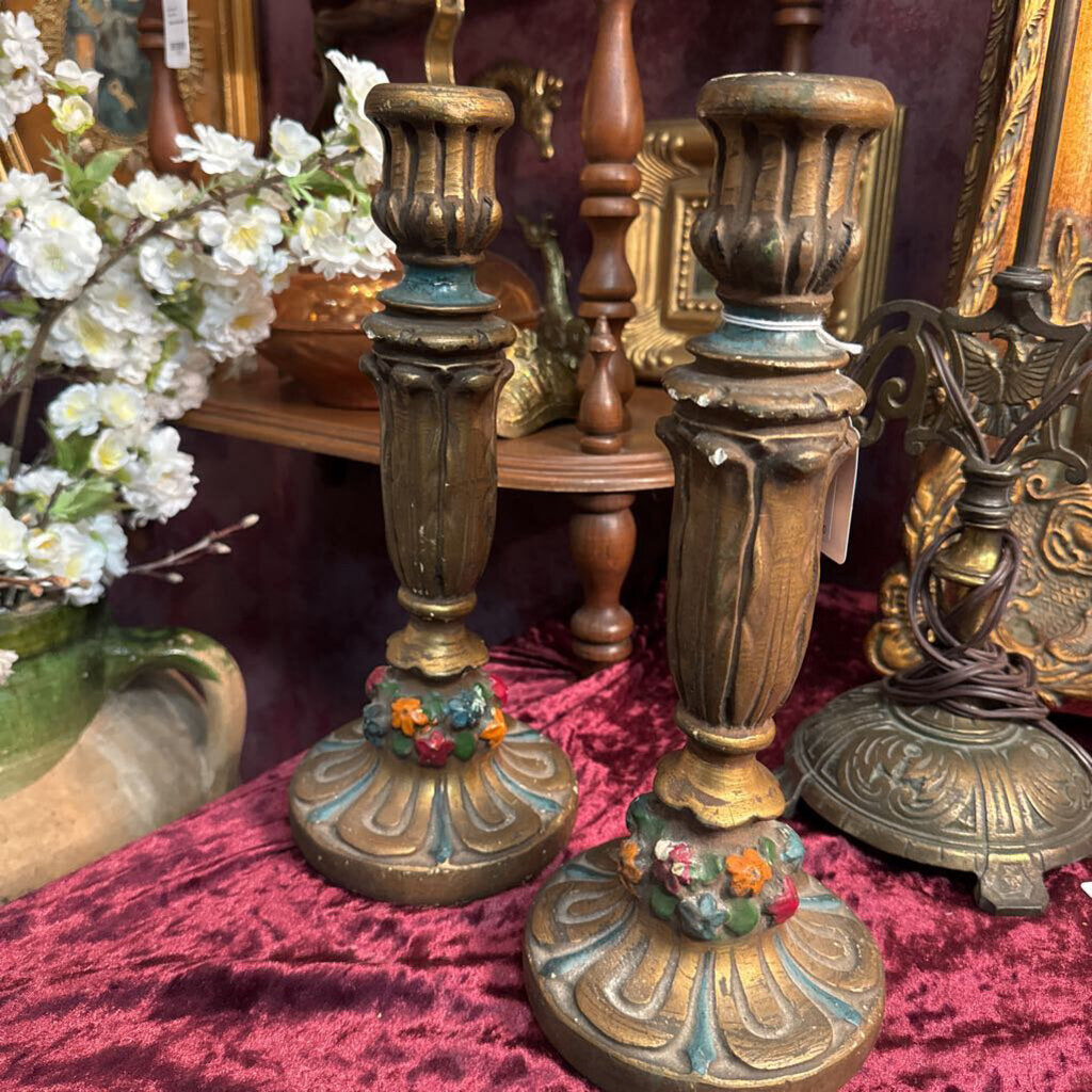 Antique hand painted plaster candle stick pair