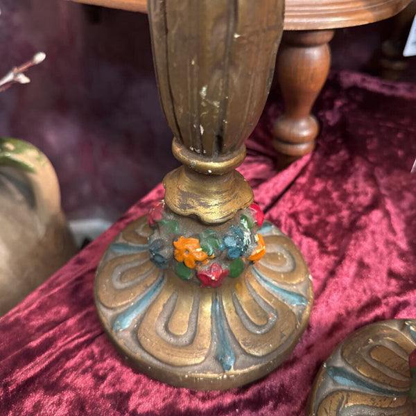 Antique hand painted plaster candle stick pair