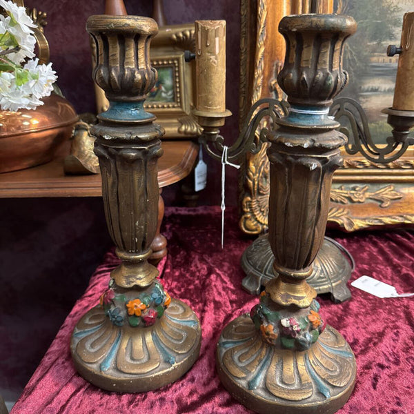 Antique hand painted plaster candle stick pair