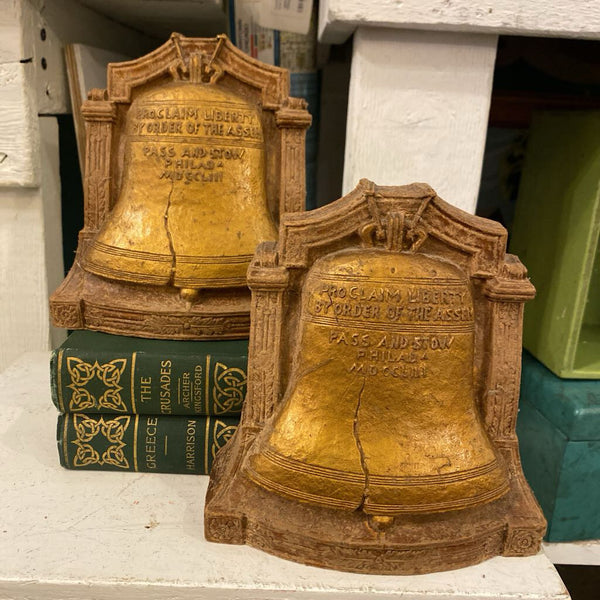 Vintage Syrocco Wood LIberty Bell Bookends 6.5"h x 5"w