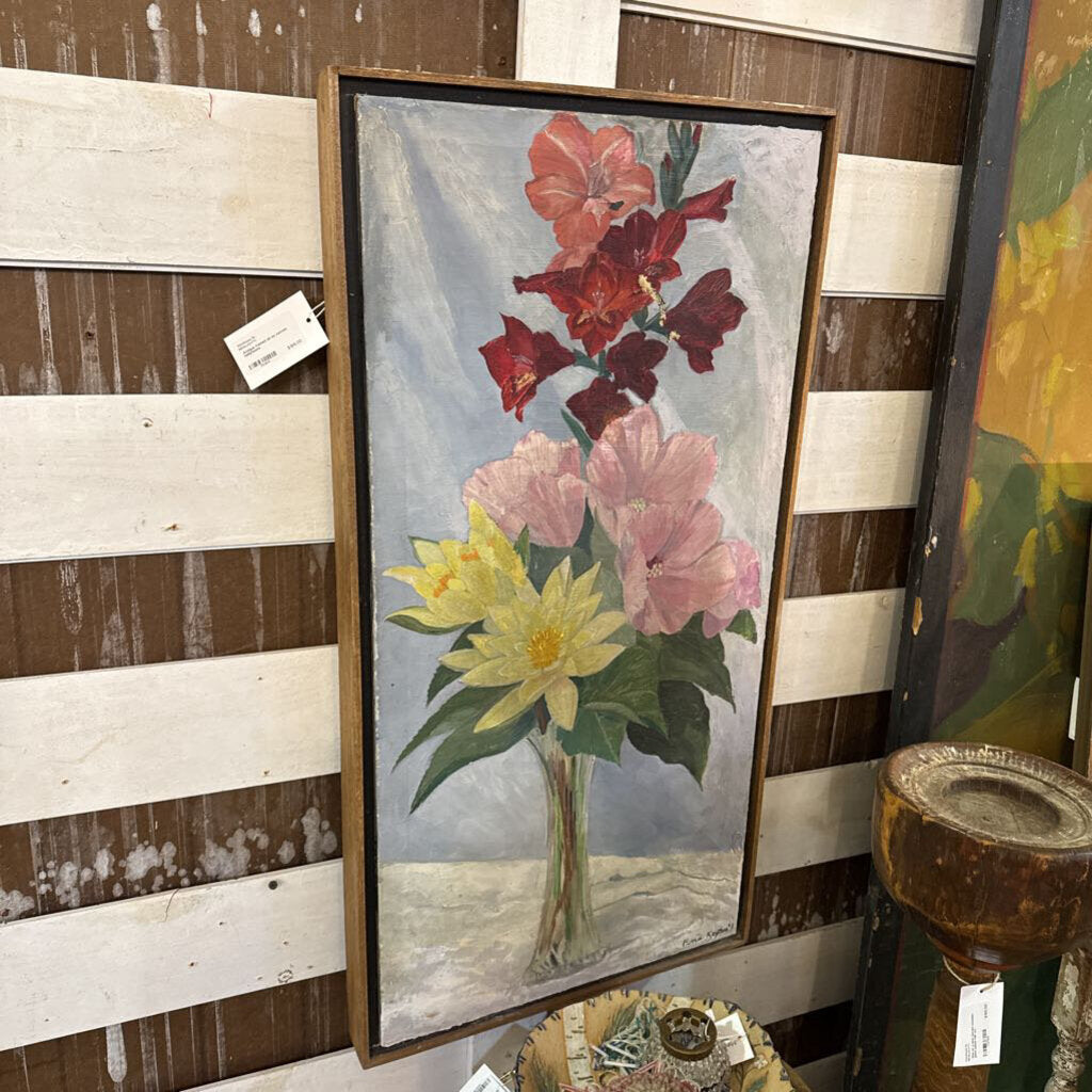 Antique framed oil on canvas hollyhocks