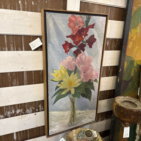 Antique framed oil on canvas hollyhocks