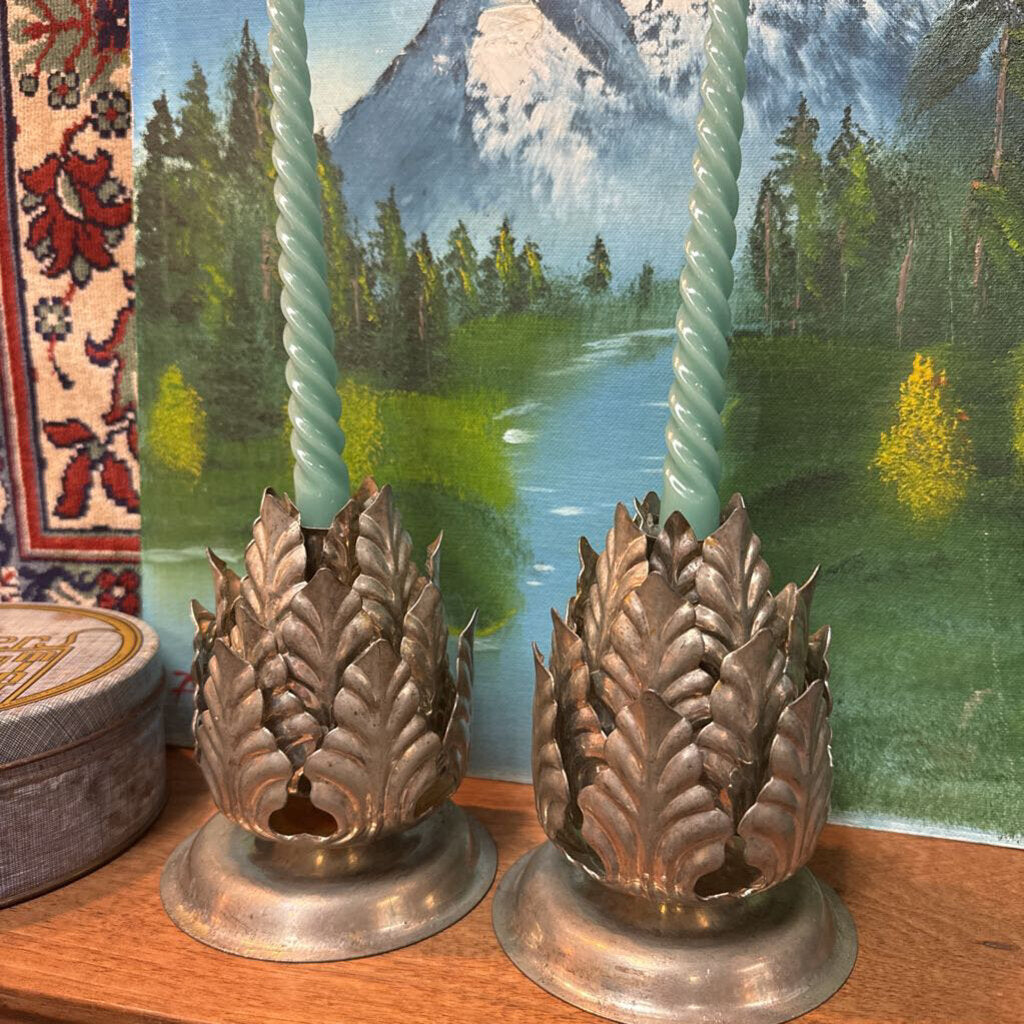 Pair of Vintage Tin Acanthus Leaf Candlestick Holders