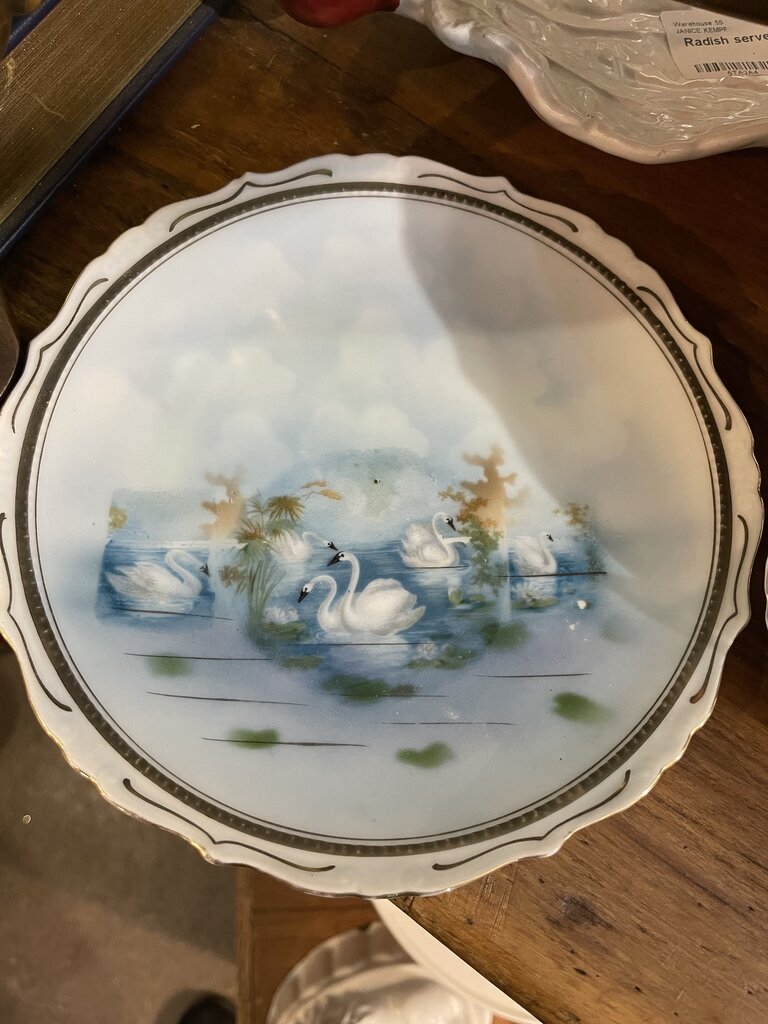 Antique Handpainted swan bone china plate Germany "Reflecting on Swan Lake" as is
