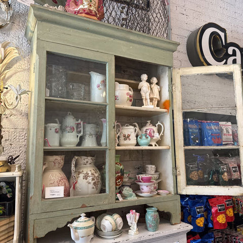 Vintage Green Cabinet/Armoire with Glass Doors 40w 49h 14d