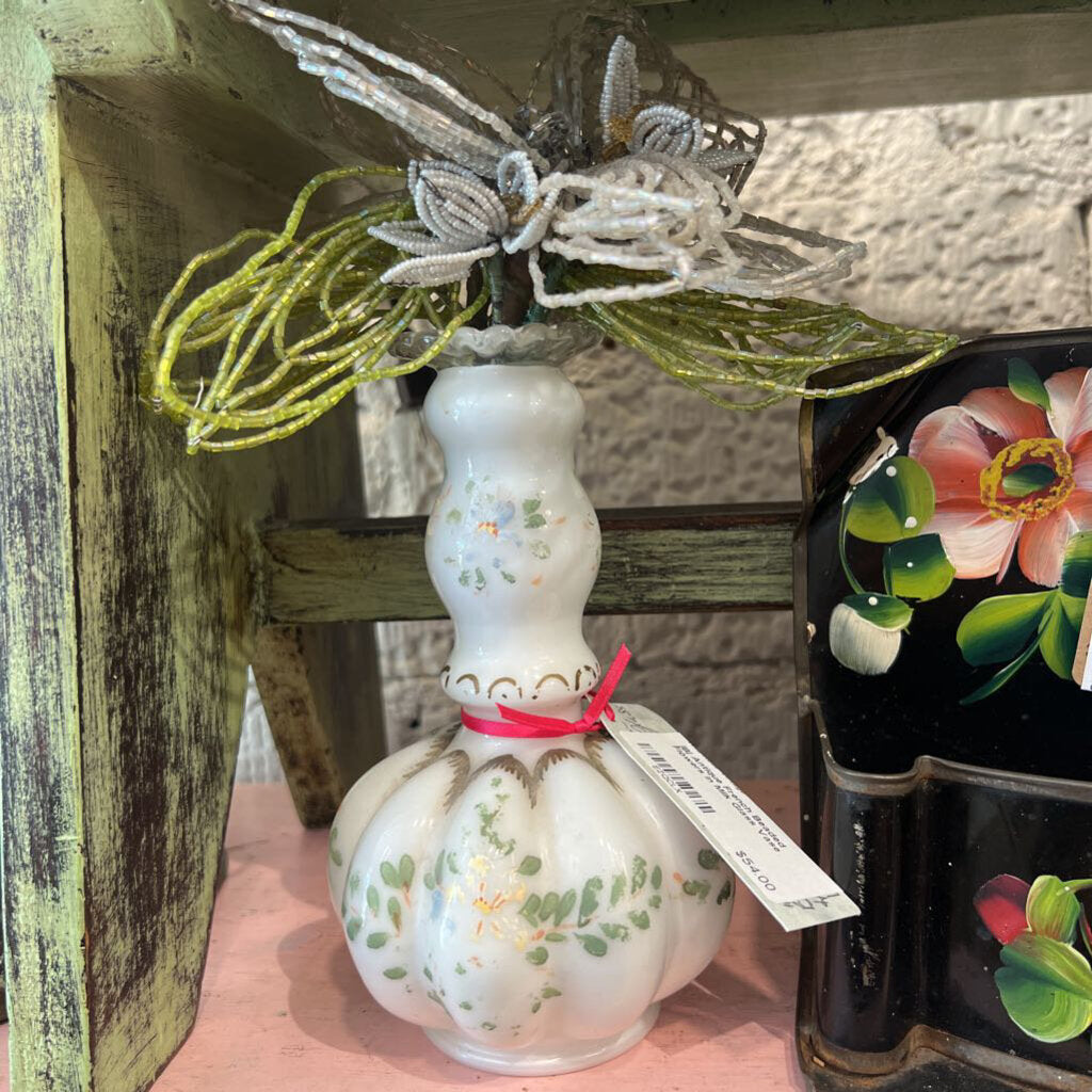 |B| Antique French Beaded Flowers in Milk Glass Vase