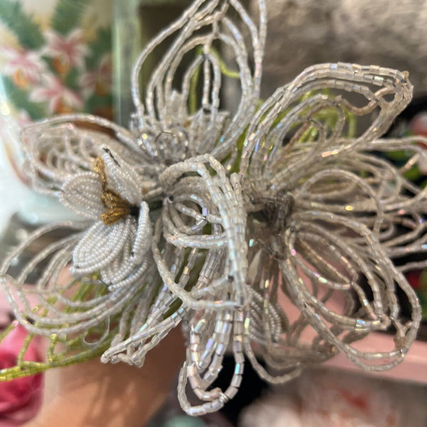 |B| Antique French Beaded Flowers in Milk Glass Vase