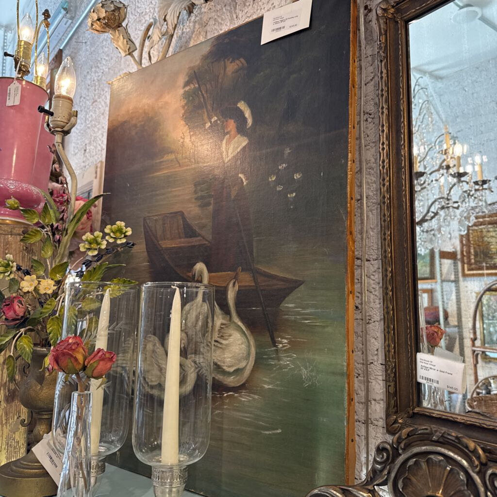 Antique Original Oil Painting Lady w Swans 30"x22"