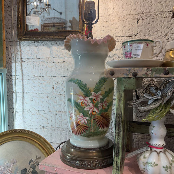 Vintage Milk Glass Lamp Ruffle Edge Hand Painted