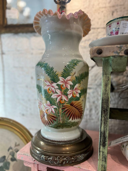 Vintage Milk Glass Lamp Ruffle Edge Hand Painted