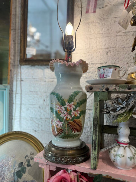 Vintage Milk Glass Lamp Ruffle Edge Hand Painted