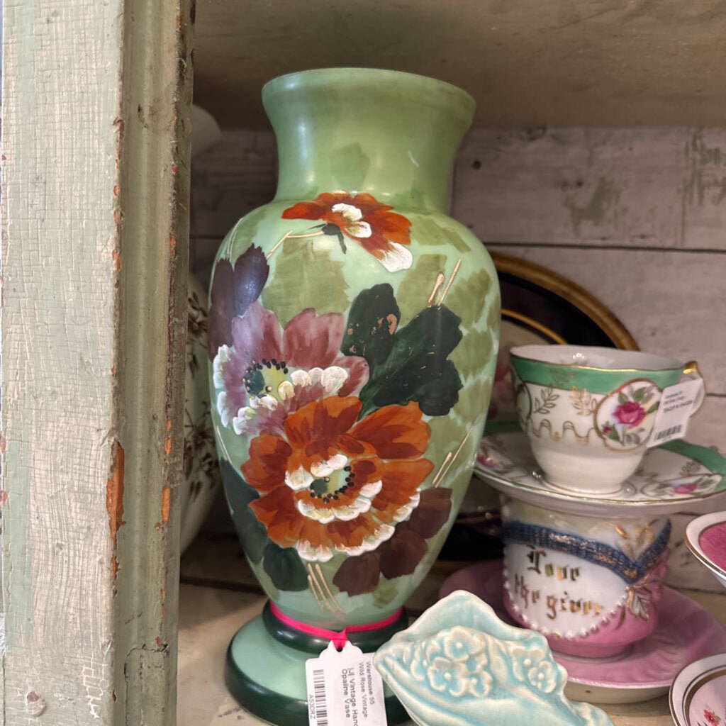 |J| Vintage Hand Painted Green Opaline Vase