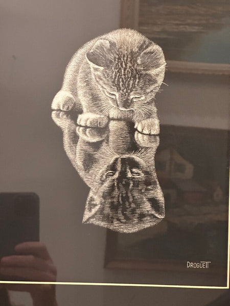 ADORABLE Black + White Droguett Cat Reflection Picture 16.5 x 20.5