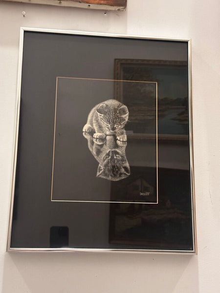 ADORABLE Black + White Droguett Cat Reflection Picture 16.5 x 20.5
