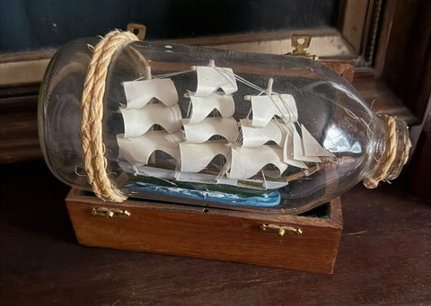 Ship in a Bottle with Wooden Box Stand 8" Long W1846